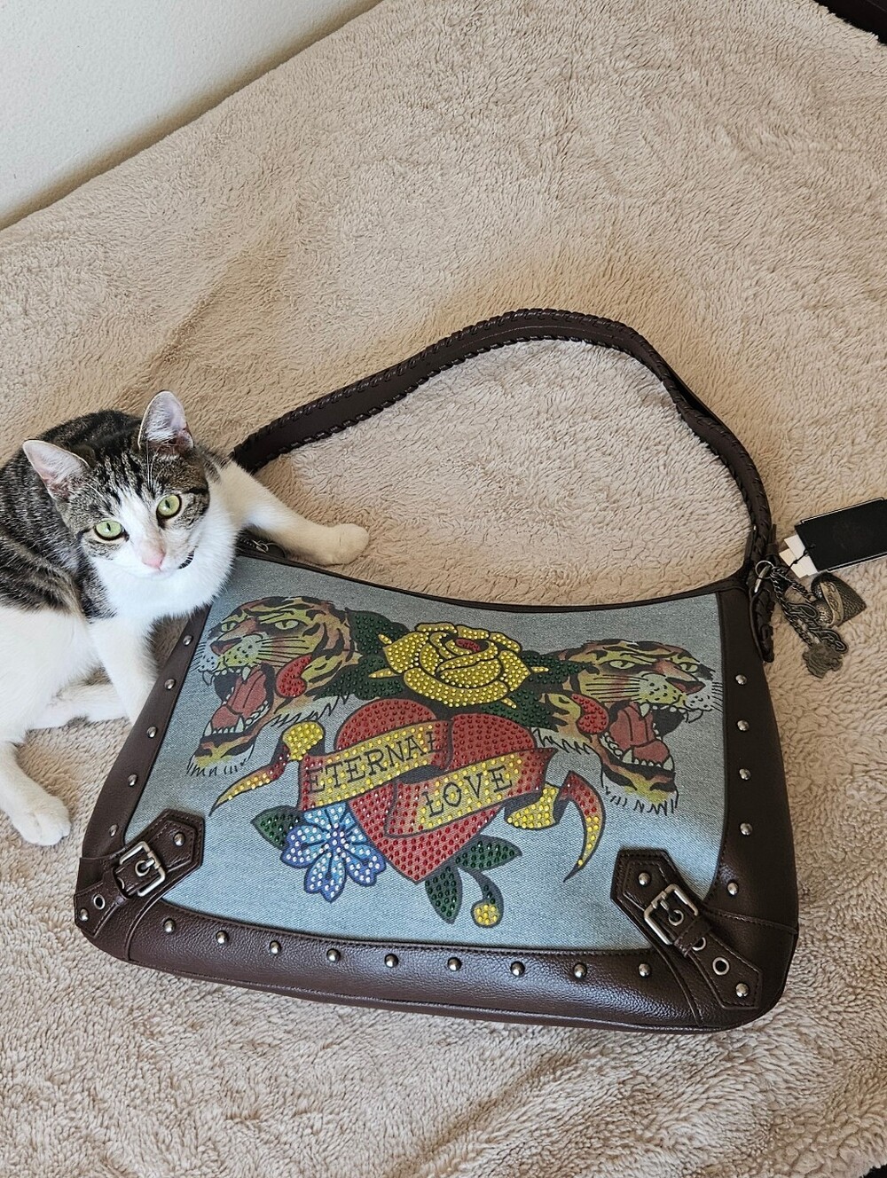Ed Hardy Vintage Brown Graphic Shoulder Bag Rhinestones Floral & Tiger Motif